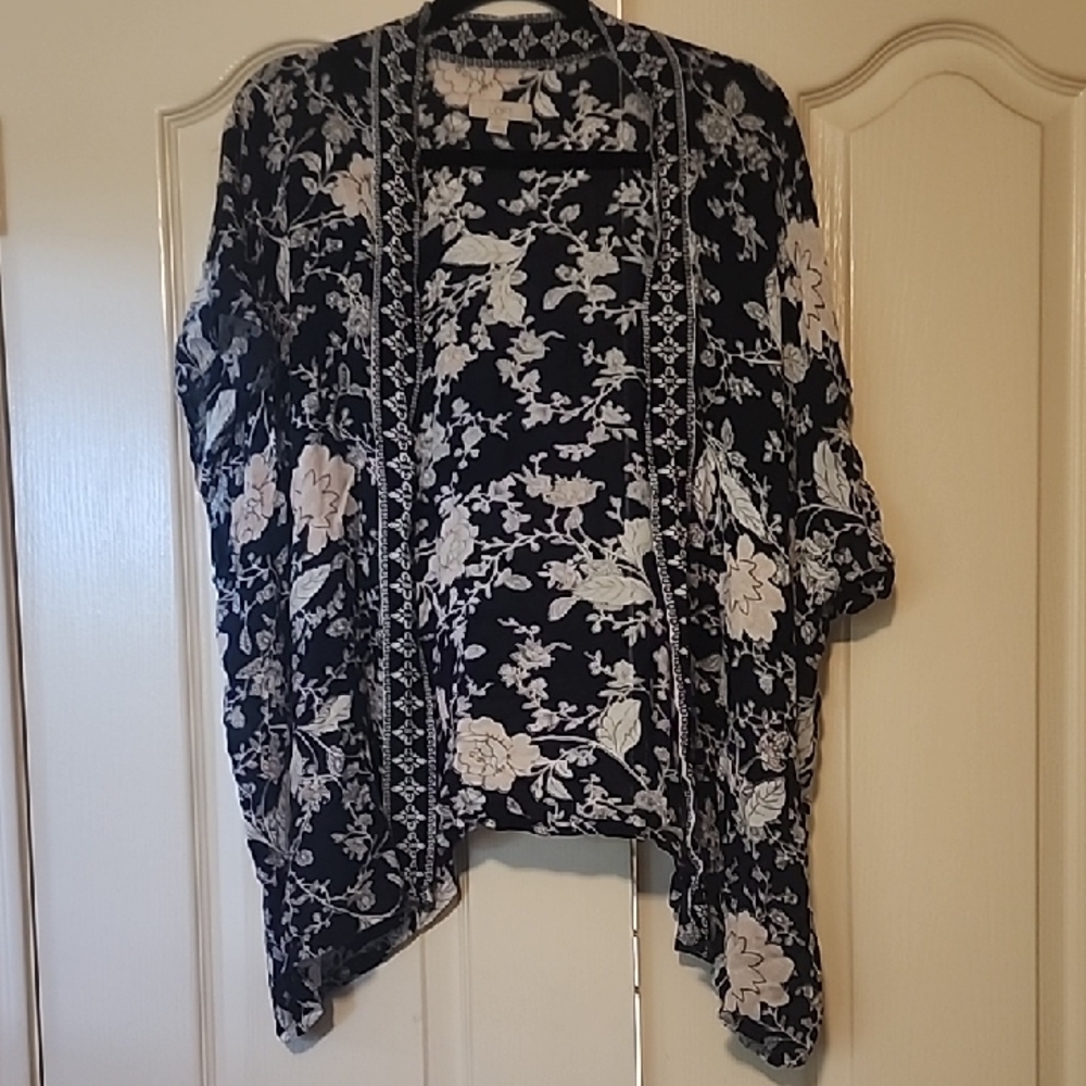 LOFT Black and Cream Floral Open Cardigan